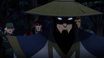 Movie still from “Mortal Kombat Legends: Battle of the Realms” (2021), directed by Ethan Spaulding – A group of men standing next to each other; Close Up shot, Over the shoulder angle