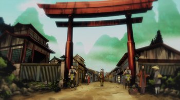 Movie still from “Mortal Kombat Legends: Battle of the Realms” (2021), directed by Ethan Spaulding – An asian village with a person walking under a red torii gate; Extreme Wide shot, Low angle