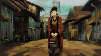 Movie still from “Mortal Kombat Legends: Battle of the Realms” (2021), directed by Ethan Spaulding – An asian woman standing on a street in front of buildings; Medium shot, Over the shoulder angle