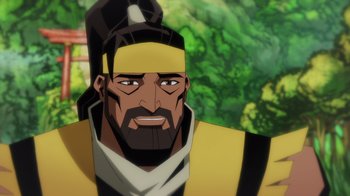 Movie still from “Mortal Kombat Legends: Battle of the Realms” (2021), directed by Ethan Spaulding – An animated picture of a man with a beard; Close Up shot, Over the shoulder angle