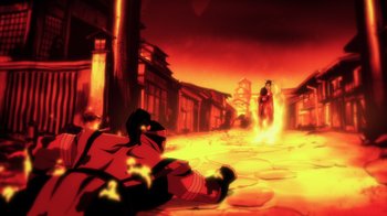 Movie still from “Mortal Kombat Legends: Battle of the Realms” (2021), directed by Ethan Spaulding – An animated scene of a man sitting on the ground in front of a fire; Extreme Wide shot, Over the shoulder angle