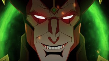 Movie still from “Mortal Kombat Legends: Battle of the Realms” (2021), directed by Ethan Spaulding – The face of an animated character with glowing red eyes; Extreme Close Up shot, Overhead angle