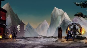 Movie still from “Mortal Kombat Legends: Battle of the Realms” (2021), directed by Ethan Spaulding – An image of an oriental landscape with mountains in the background; Extreme Wide shot, High angle