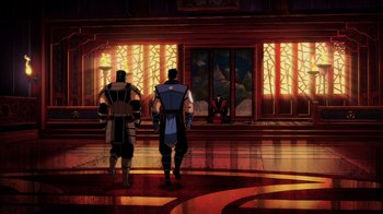 Movie still from “Mortal Kombat Legends: Battle of the Realms” (2021), directed by Ethan Spaulding – A couple of men standing next to each other in front of a window; Wide shot, High angle