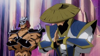 Movie still from “Mortal Kombat Legends: Battle of the Realms” (2021), directed by Ethan Spaulding – Two cartoon characters are standing next to each other; Medium shot, Low angle