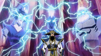 Movie still from “Mortal Kombat Legends: Battle of the Realms” (2021), directed by Ethan Spaulding – A man with a hat standing in front of a bunch of lightning; Medium shot, Low angle