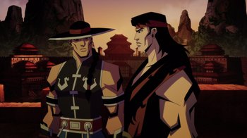 Movie still from “Mortal Kombat Legends: Battle of the Realms” (2021), directed by Ethan Spaulding – Two men standing next to each other in front of mountains; Medium shot, Low angle