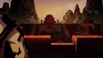 Movie still from “Mortal Kombat Legends: Battle of the Realms” (2021), directed by Ethan Spaulding – An animated scene of a temple with a person standing in front of it; Extreme Wide shot, High angle