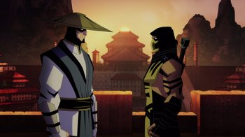Movie still from “Mortal Kombat Legends: Battle of the Realms” (2021), directed by Ethan Spaulding – Two people standing next to each other in front of a building; Medium shot, Over the shoulder angle