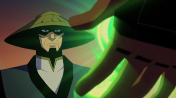 Movie still from “Mortal Kombat Legends: Battle of the Realms” (2021), directed by Ethan Spaulding – A man with a hat on and a hand touching it; Close Up shot, Over the shoulder angle