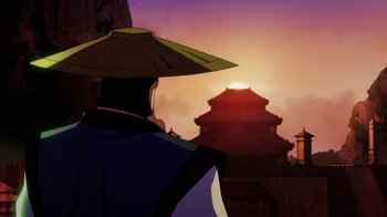 Movie still from “Mortal Kombat Legends: Battle of the Realms” (2021), directed by Ethan Spaulding – A person wearing a hat standing in front of a building; Wide shot, Low angle