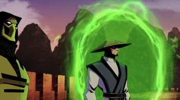 Movie still from “Mortal Kombat Legends: Battle of the Realms” (2021), directed by Ethan Spaulding – A man with a hat standing in front of a mountain; Medium shot, Over the shoulder angle