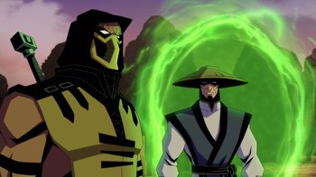 Movie still from “Mortal Kombat Legends: Battle of the Realms” (2021), directed by Ethan Spaulding – Two cartoon characters standing next to each other; Medium shot, Over the shoulder angle