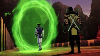 Movie still from “Mortal Kombat Legends: Battle of the Realms” (2021), directed by Ethan Spaulding – Two people are standing in front of a green light; Wide shot, Over the shoulder angle