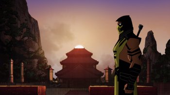Movie still from “Mortal Kombat Legends: Battle of the Realms” (2021), directed by Ethan Spaulding – A man standing in front of an asian building; Extreme Wide shot, Low angle