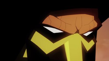 Movie still from “Mortal Kombat Legends: Battle of the Realms” (2021), directed by Ethan Spaulding – View of a cartoon character's face; Extreme Close Up shot, Low angle
