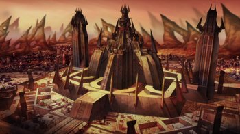 Movie still from “Mortal Kombat Legends: Battle of the Realms” (2021), directed by Ethan Spaulding – An artistic rendering of an alien city with towers; Extreme Wide shot, High angle
