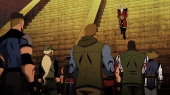 Movie still from “Mortal Kombat Legends: Battle of the Realms” (2021), directed by Ethan Spaulding – A group of people standing on a set of stairs; Wide shot, High angle