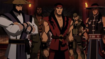 Movie still from “Mortal Kombat Legends: Battle of the Realms” (2021), directed by Ethan Spaulding – A group of men standing next to each other; Medium shot, Over the shoulder angle