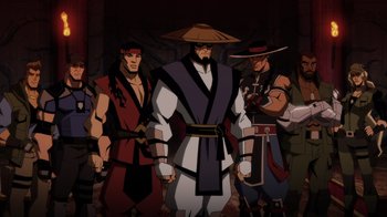 Movie still from “Mortal Kombat Legends: Battle of the Realms” (2021), directed by Ethan Spaulding – A group of men standing next to each other; Medium shot, High angle