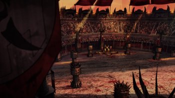 Movie still from “Mortal Kombat Legends: Battle of the Realms” (2021), directed by Ethan Spaulding – An arena with a lot of blood on the ground; Extreme Wide shot, High angle