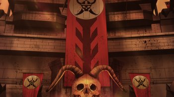 Movie still from “Mortal Kombat Legends: Battle of the Realms” (2021), directed by Ethan Spaulding – An image of a skull with horns in front of a flag; Extreme Wide shot, Overhead angle