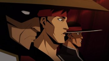 Movie still from “Mortal Kombat Legends: Battle of the Realms” (2021), directed by Ethan Spaulding – A man's face with a hat on his head; Close Up shot, Over the shoulder angle