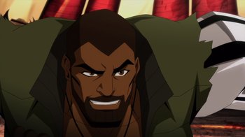 Movie still from “Mortal Kombat Legends: Battle of the Realms” (2021), directed by Ethan Spaulding – An image of an animated man with a beard; Close Up shot, Low angle