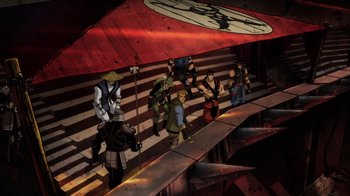 Movie still from “Mortal Kombat Legends: Battle of the Realms” (2021), directed by Ethan Spaulding – A group of people walking down a street under an umbrella; Extreme Wide shot, High angle