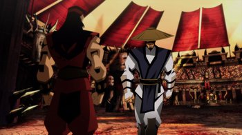 Movie still from “Mortal Kombat Legends: Battle of the Realms” (2021), directed by Ethan Spaulding – Two animated characters are standing in front of an umbrella; Wide shot, Over the shoulder angle