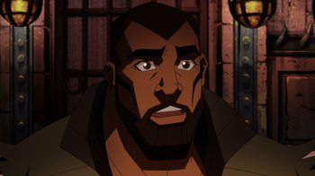 Movie still from “Mortal Kombat Legends: Battle of the Realms” (2021), directed by Ethan Spaulding – An animated picture of a man with a beard; Close Up shot, High angle