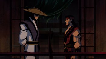 Movie still from “Mortal Kombat Legends: Battle of the Realms” (2021), directed by Ethan Spaulding – Two animated characters are standing next to each other; Medium shot, Over the shoulder angle