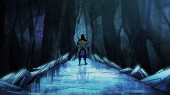 Movie still from “Mortal Kombat Legends: Battle of the Realms” (2021), directed by Ethan Spaulding – An image of a person standing on a bridge in the woods; Extreme Wide shot, High angle