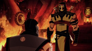 Movie still from “Mortal Kombat Legends: Battle of the Realms” (2021), directed by Ethan Spaulding – A man in a yellow and black outfit stands next to a man in a black and white outfit; Wide shot, Over the shoulder angle