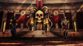 Movie still from “Mortal Kombat Legends: Battle of the Realms” (2021), directed by Ethan Spaulding – A skull with horns on top of a stage; Extreme Wide shot, High angle