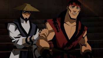 Movie still from “Mortal Kombat Legends: Battle of the Realms” (2021), directed by Ethan Spaulding – A man in a samurai outfit sitting next to another man in a samurai outfit; Medium shot, Over the shoulder angle