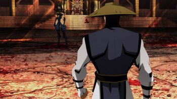 Movie still from “Mortal Kombat Legends: Battle of the Realms” (2021), directed by Ethan Spaulding – A man standing in front of a woman in a hat; Wide shot, Over the shoulder angle
