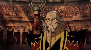 Movie still from “Mortal Kombat Legends: Battle of the Realms” (2021), directed by Ethan Spaulding – An image of an anime character in a stadium; Close Up shot, Low angle