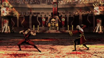Movie still from “Mortal Kombat Legends: Battle of the Realms” (2021), directed by Ethan Spaulding – Two people are fighting in an arena with blood on the ground; Extreme Wide shot, High angle