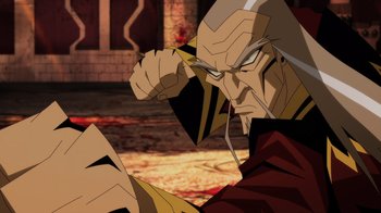Movie still from “Mortal Kombat Legends: Battle of the Realms” (2021), directed by Ethan Spaulding – An image of an animated character in action; Medium shot, High angle