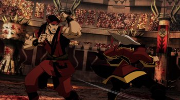 Movie still from “Mortal Kombat Legends: Battle of the Realms” (2021), directed by Ethan Spaulding – A man in a red and black outfit is fighting another man in a red and black outfit; Wide shot, High angle
