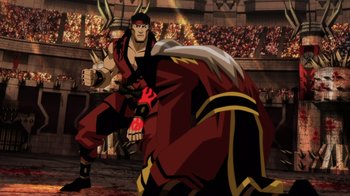 Movie still from “Mortal Kombat Legends: Battle of the Realms” (2021), directed by Ethan Spaulding – A man in a red and black outfit standing in front of an audience; Wide shot, High angle