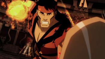 Movie still from “Mortal Kombat Legends: Battle of the Realms” (2021), directed by Ethan Spaulding – A man in a red and black outfit is looking at the camera; Medium shot, Low angle