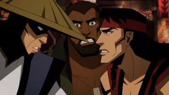 Movie still from “Mortal Kombat Legends: Battle of the Realms” (2021), directed by Ethan Spaulding – A group of men standing next to each other; Close Up shot, Over the shoulder angle