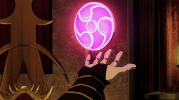 Movie still from “Mortal Kombat Legends: Battle of the Realms” (2021), directed by Ethan Spaulding – A hand is holding a glowing purple object in the air; Extreme Close Up shot, High angle