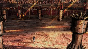 Movie still from “Mortal Kombat Legends: Battle of the Realms” (2021), directed by Ethan Spaulding – An image of an arena in the middle of the day; Extreme Wide shot, High angle