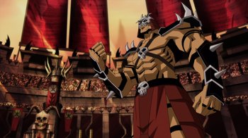 Movie still from “Mortal Kombat Legends: Battle of the Realms” (2021), directed by Ethan Spaulding – An image of an animated character in a video game setting; Medium shot, Low angle