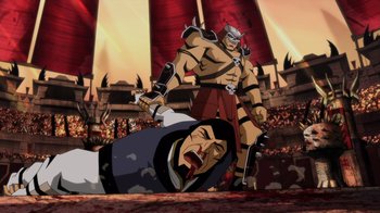 Movie still from “Mortal Kombat Legends: Battle of the Realms” (2021), directed by Ethan Spaulding – A man is laying on the ground next to another man; Wide shot, High angle