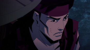 Movie still from “Mortal Kombat Legends: Battle of the Realms” (2021), directed by Ethan Spaulding – An illustration of a man with a hat on; Close Up shot, Low angle