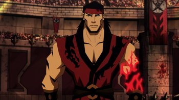 Movie still from “Mortal Kombat Legends: Battle of the Realms” (2021), directed by Ethan Spaulding – A man in a red and black outfit is holding a fire; Medium shot, Low angle